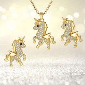 3pc Gold Toned Fashion Exquisite Unicorn Necklace Earrings Set w Accents